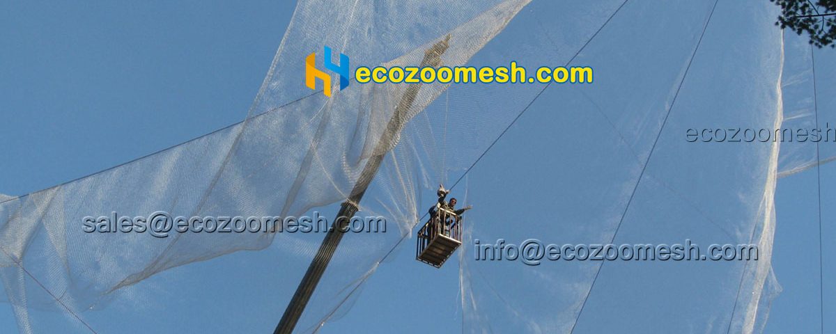 the installation of hand-woven netting mesh of bird aviary